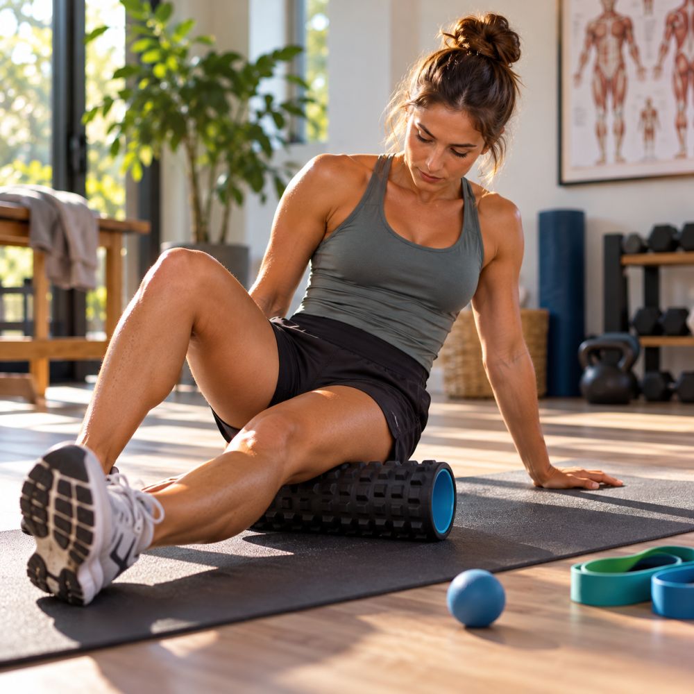 Woman foam-rolling her leg in a bright physical therapy studio
