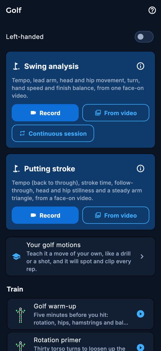 Golf screen with swing and putting analyses and continuous session