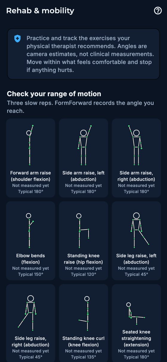Rehab and mobility screen with range-of-motion checks