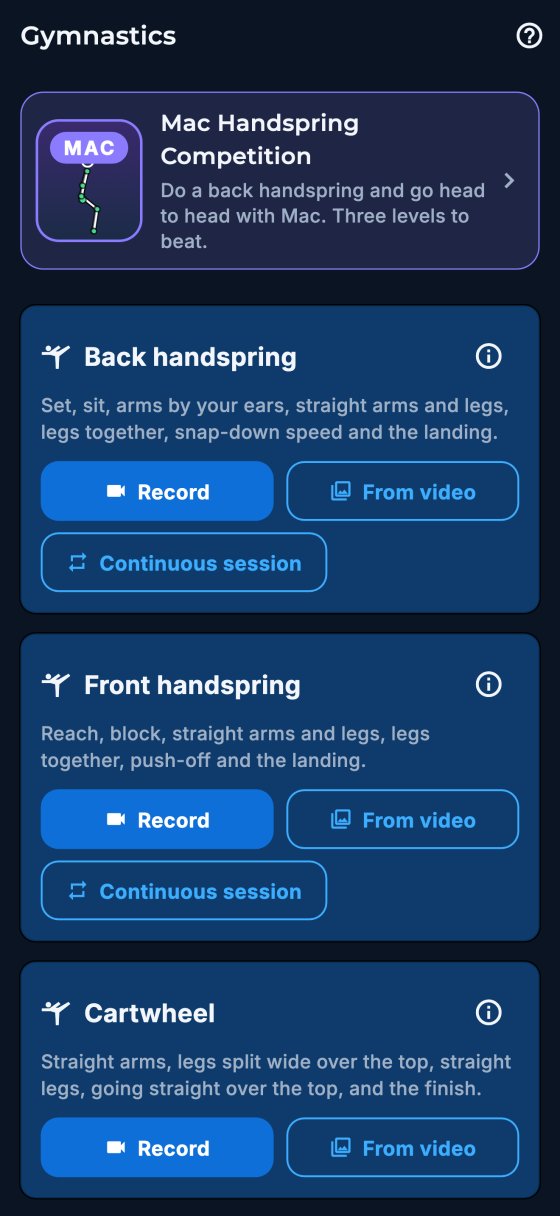 Gymnastics screen with back handspring, front handspring and cartwheel analysis